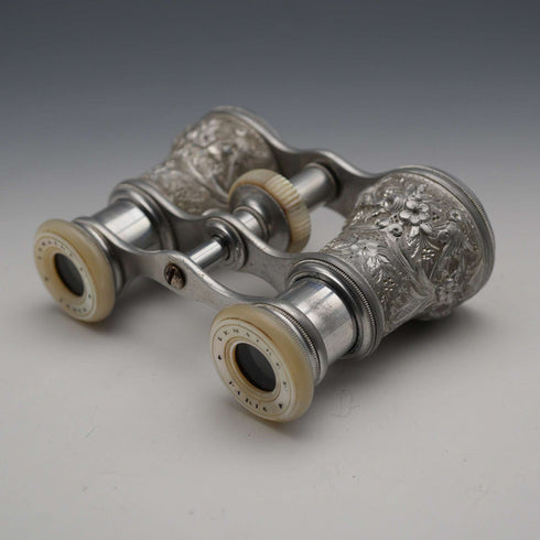 French Antique Silver-tone Floral Bird Motif Opera Glasses Binoculars Lemaire Paris