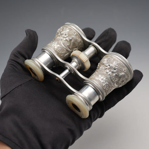French Antique Silver-tone Floral Bird Motif Opera Glasses Binoculars Lemaire Paris