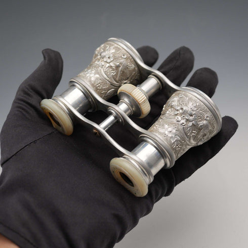 French Antique Silver-tone Floral Bird Motif Opera Glasses Binoculars Lemaire Paris