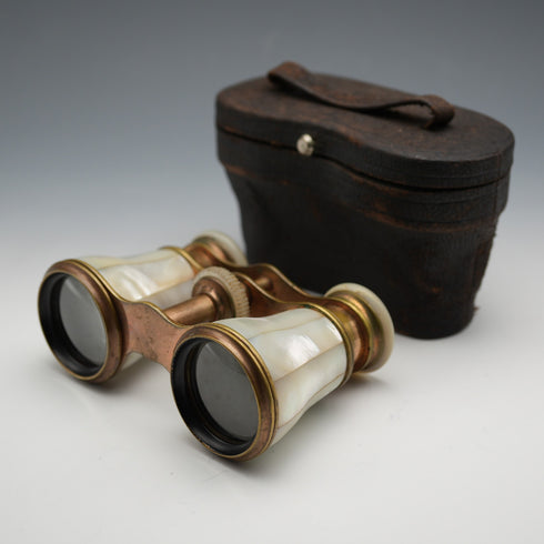 French Antique Mother-of-Pearl Decorated Opera Glasses Binoculars with Case Verdi Paris
