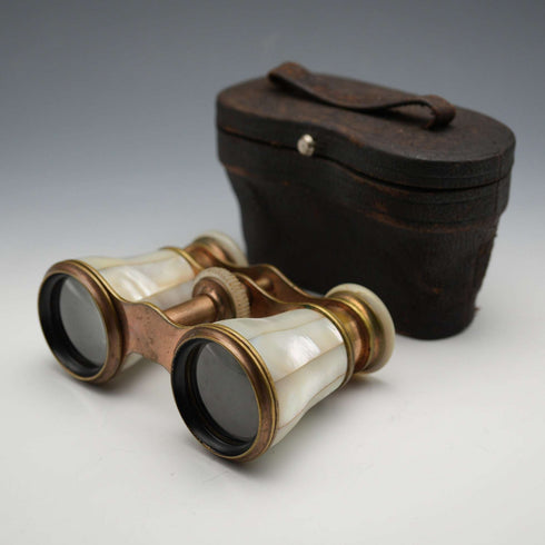 French Antique Mother-of-Pearl Decorated Opera Glasses Binoculars with Case Verdi Paris