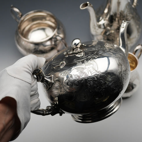Circa 1900 British Antique Silver Plated Tea and Coffee Set by Martin & Hall