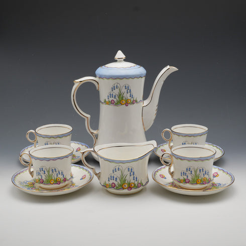 UK Vintage Carlton China Coffee Pot, Cream Jug, and 4 Demitasse Cups & Saucers