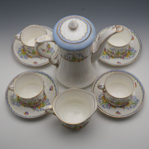 UK Vintage Carlton China Coffee Pot, Cream Jug, and 4 Demitasse Cups & Saucers
