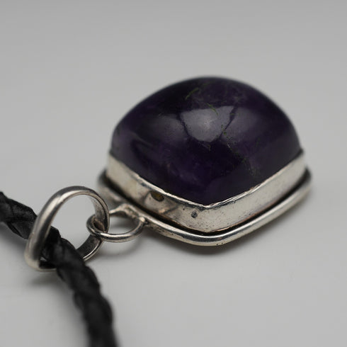 Vintage Sterling Silver Amethyst Pendant with Leather and Sterling Silver Chain