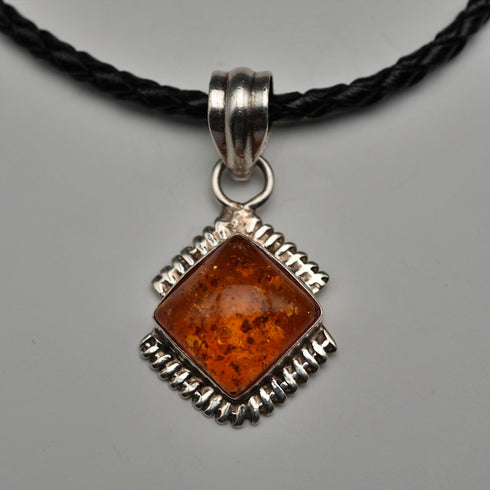 Vintage Sterling Silver Amber Pendant with Leather & Sterling Silver Chain