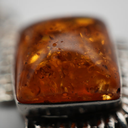 Vintage Sterling Silver Amber Pendant with Leather & Sterling Silver Chain