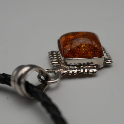 Vintage Sterling Silver Amber Pendant with Leather & Sterling Silver Chain