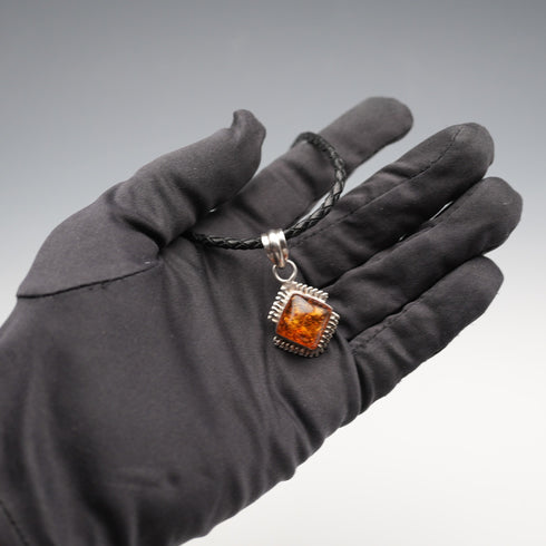 Vintage Sterling Silver Amber Pendant with Leather & Sterling Silver Chain