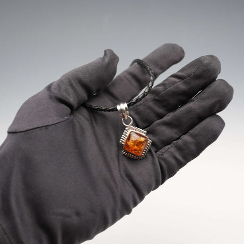 Vintage Sterling Silver Amber Pendant with Leather & Sterling Silver Chain