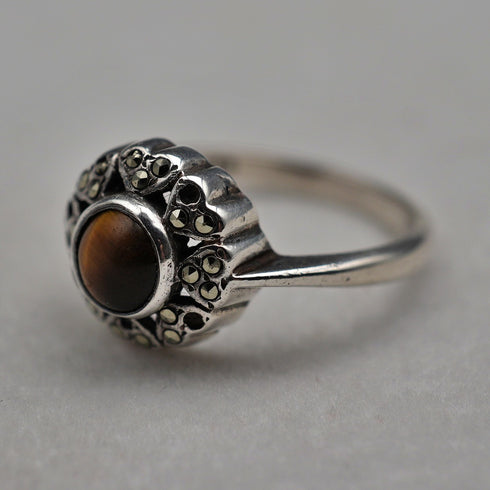 Vintage Tiger's Eye & Marcasite Sterling Silver Ring (US size 7)