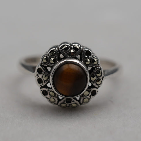Vintage Tiger's Eye & Marcasite Sterling Silver Ring (US size 7)