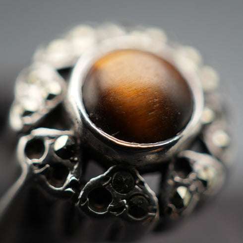 Vintage Tiger's Eye & Marcasite Sterling Silver Ring (US size 7)