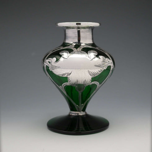 Antique Art Nouveau Silver Overlay Green Glass Vase