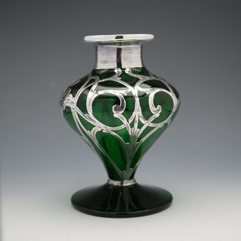 Antique Art Nouveau Silver Overlay Green Glass Vase