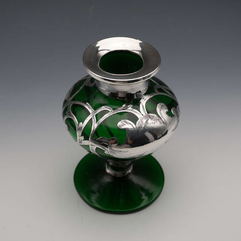 Antique Art Nouveau Silver Overlay Green Glass Vase