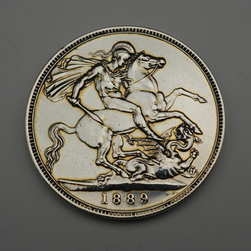 British Antique 1889 Crown Silver Coin Jubilee Head/St. George Slaying the Dragon 28g