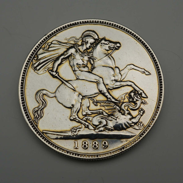 British Antique 1889 Crown Silver Coin Jubilee Head/St. George Slaying the Dragon 28g