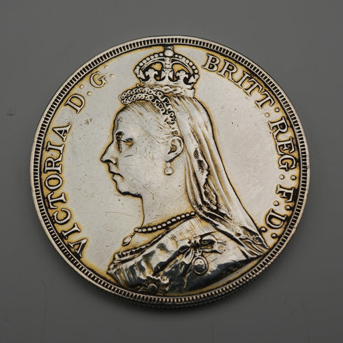 British Antique 1889 Crown Silver Coin Jubilee Head/St. George Slaying the Dragon 28g