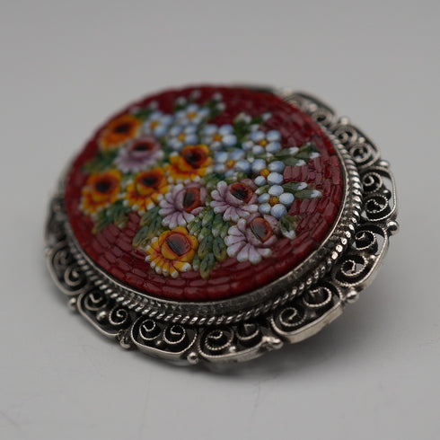 Vintage 800 Silver Micromosaic Floral Brooch