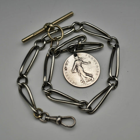 Antique Silver Plated Trombone Albert Chain with 1 Franc Coin Fob