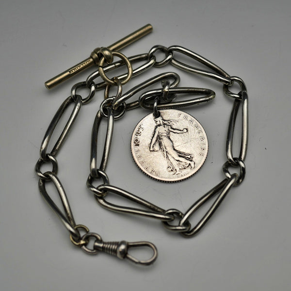 Antique Silver Plated Trombone Albert Chain with 1 Franc Coin Fob