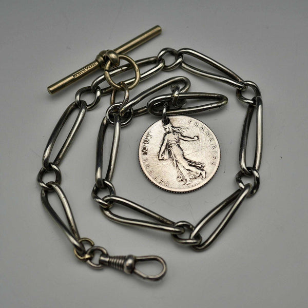Antique Silver Plated Trombone Albert Chain with 1 Franc Coin Fob