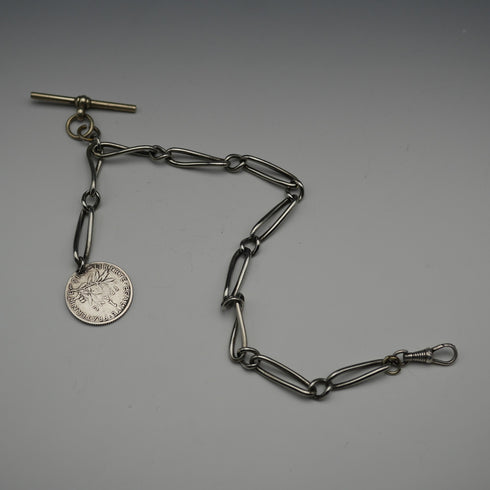 Antique Silver Plated Trombone Albert Chain with 1 Franc Coin Fob