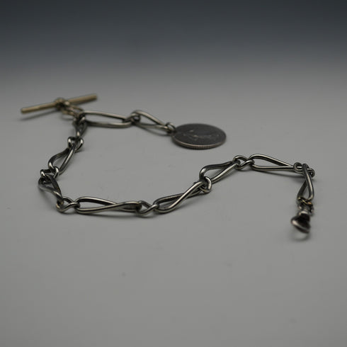 Antique Silver Plated Trombone Albert Chain with 1 Franc Coin Fob