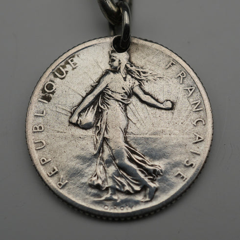 Antique Silver Plated Trombone Albert Chain with 1 Franc Coin Fob