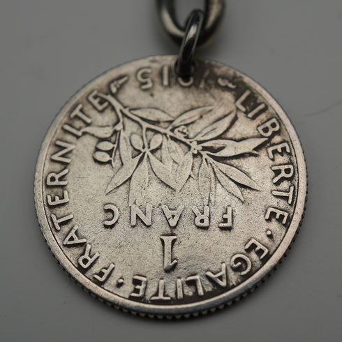 Antique Silver Plated Trombone Albert Chain with 1 Franc Coin Fob