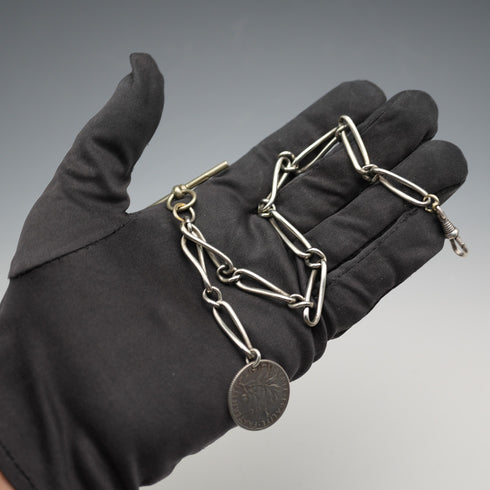 Antique Silver Plated Trombone Albert Chain with 1 Franc Coin Fob