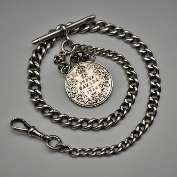 1893 English Antique Sterling Silver Albert Chain 35g with Canadian 25 Cent Silver Coin Fob
