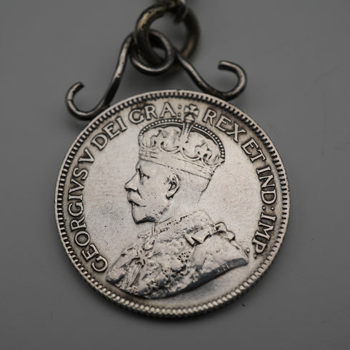 1893年 英国アンティーク 純銀製 アルバートチェーン 35g カナダ25セント銀貨フォブ