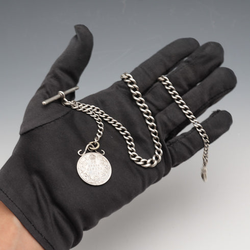 1893年 英国アンティーク 純銀製 アルバートチェーン 35g カナダ25セント銀貨フォブ