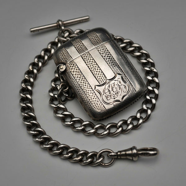Circa 1900 British Antique Sterling Silver Albert Chain 48g Sterling Silver Vesta Case Fob