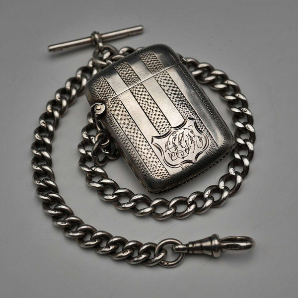 Circa 1900 British Antique Sterling Silver Albert Chain 48g Sterling Silver Vesta Case Fob