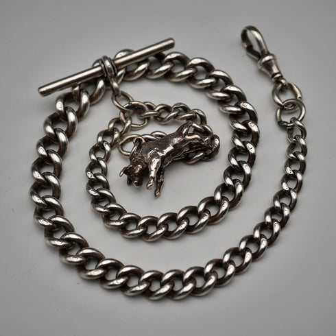 1895 Antique British Sterling Silver Albert Chain 62g with Sterling Silver Bull Charm Fob