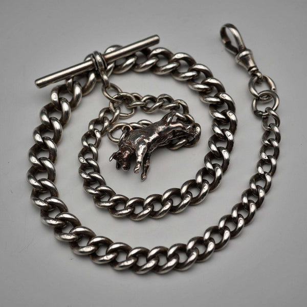 1895 Antique British Sterling Silver Albert Chain 62g with Sterling Silver Bull Charm Fob