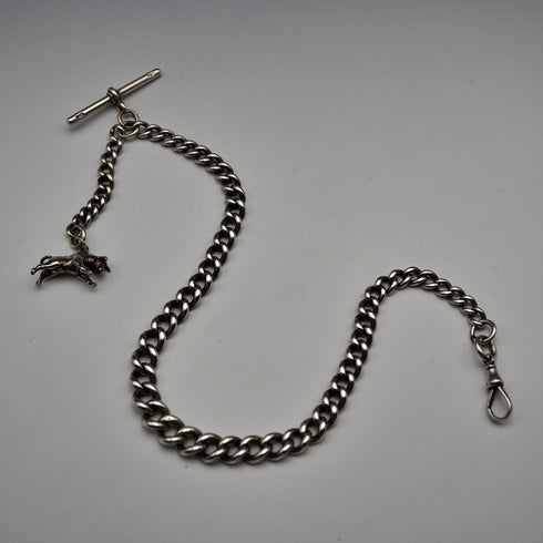 1895 Antique British Sterling Silver Albert Chain 62g with Sterling Silver Bull Charm Fob