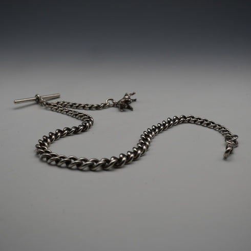 1895 Antique British Sterling Silver Albert Chain 62g with Sterling Silver Bull Charm Fob