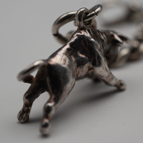 1895 Antique British Sterling Silver Albert Chain 62g with Sterling Silver Bull Charm Fob