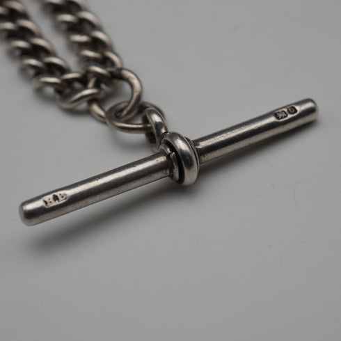 1895 Antique British Sterling Silver Albert Chain 62g with Sterling Silver Bull Charm Fob