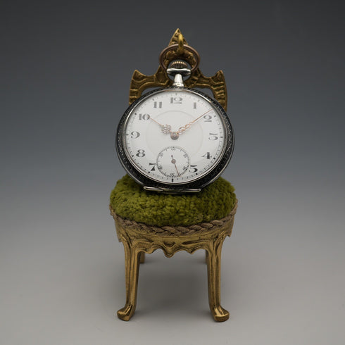 1920s Antique Brass Chair-Shaped Pocket Watch Holder with Green Velour Seat
