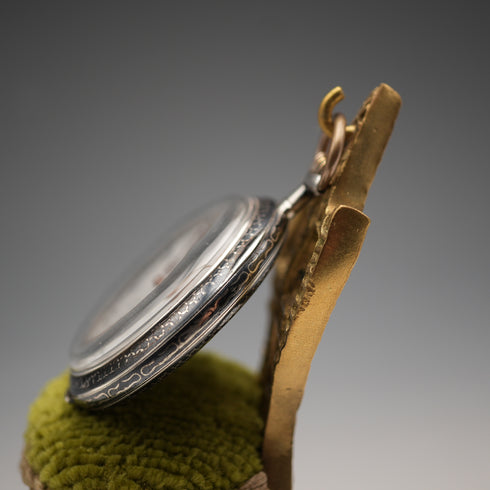 1920s Antique Brass Chair-Shaped Pocket Watch Holder with Green Velour Seat