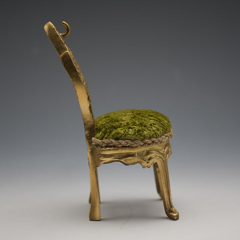 1920s Antique Brass Chair-Shaped Pocket Watch Holder with Green Velour Seat