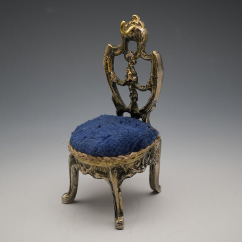 1920s Antique Brass Chair-Shaped Pocket Watch Holder with Navy Velour Seat