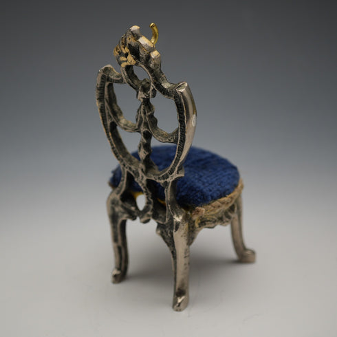 1920s Antique Brass Chair-Shaped Pocket Watch Holder with Navy Velour Seat