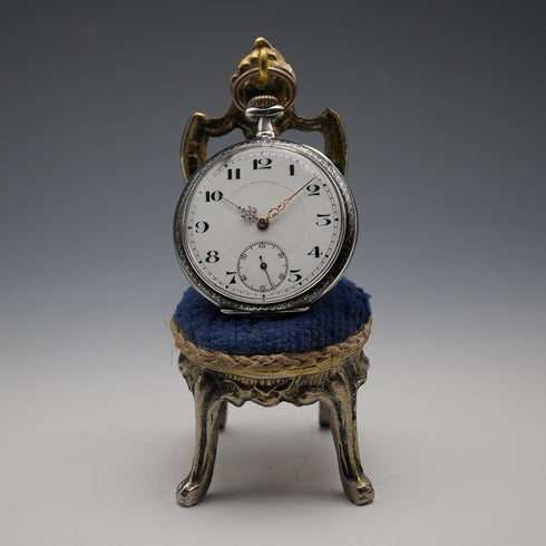1920s Antique Brass Chair-Shaped Pocket Watch Holder with Navy Velour Seat
