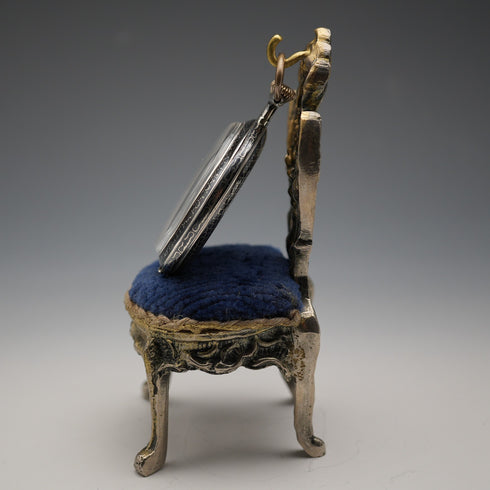 1920s Antique Brass Chair-Shaped Pocket Watch Holder with Navy Velour Seat